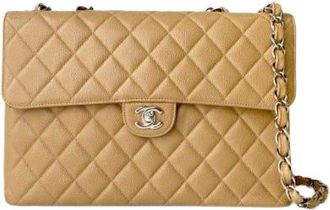 Chanel Beige Caviar Leather Quilted Jumbo Flap Bag