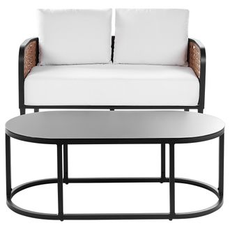 Beliani Conjunto De Jard&iacute;n Exterior Metal 2 Plazas Sof&aacute; De Aluminio Con Cojines Gruesos Blanco Crema Impermeable Respaldo Trenza Vienesa Rat&aacute;n Sint&eacute;tico Mesa 