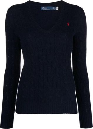 Polo Ralph Lauren Lange Mouw Wollen Kasjmier Trui - Dames - V-hals truien - Blauw - M - Wol - Truien & Vesten