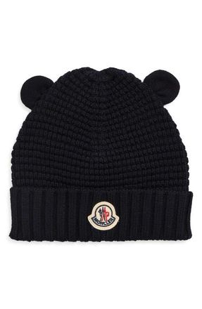 Moncler Kids Teddy Bear Logo Patch Virgin Wool Beanie in Navy at Nordstrom, Size Xxx-Small