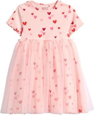 Next Kids Heart Print Mixed Media Dress in Pink at Nordstrom, Size 1.5-2Y