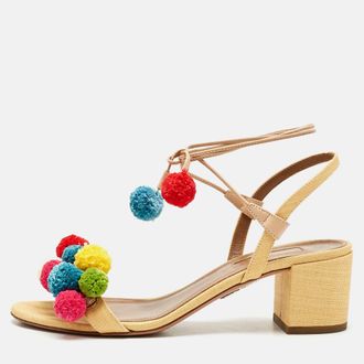 Aquazzura Multicolor Raffia Pom Pom Thong Ankle Tie Sandals