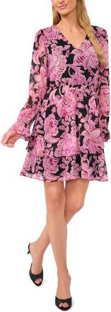 CeCe by Cynthia Steffe Floral Long Sleeve Tiered Dress in Rich Black at Nordstrom, Size X-Large