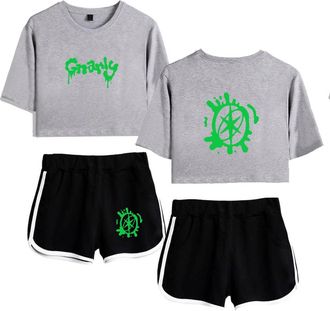 Generic Katseye Merch Gnarly Tops for Women Midriff-Baring Fitted Crop Sets Gym Shirt Streetwear Short Pants (8,M)