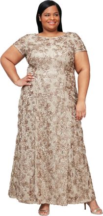 Alex Evenings Womens Plus Size Long A-Line Rosette Dress with Short Sleeves Special Occasion, Champagne, 14 W