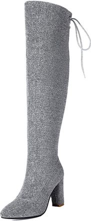 Generic Womens Pointed Toe Glitter Thigh High Boots Block High Heel Over The Knee Boots Lace Up Party Prom Shoes with Zipper,Silver,5.5 UK