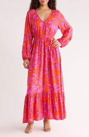Sugarlips Marinda Floral Larrie Long Sleeve Button Maxi Dress in Orange-Fuchsia at Nordstrom, Size X-Large