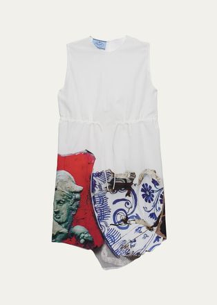 Prada Mixed-Print Cotton-Blend Drawstring Mini Dress