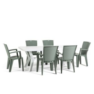 Siediti Fuori e Dentro Conjunto de jard&iacute;n en resina mesa rectangular blanca + 6 sillas verdes