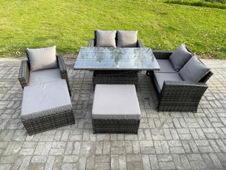 Fimous 7 Seater Wicker Rattan Garden Furniture Rising Table Set with 2 Big Footstool Double Seat Sofa Armchairs Dark Grey Mixed