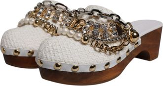 Dolce & Gabbana Womens White Raffia Clogs Bejeweled Chain Sandals Shoes Viscose Leather Cotton