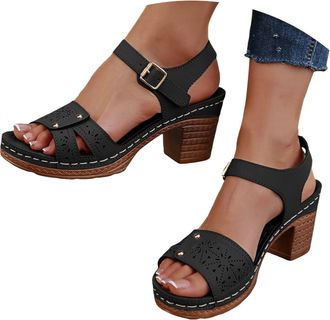 Generic Womens Heeled Sandals Chunky Block Mid Heels,2026 Summer Open Toe Casual Hollow Out Low Heel Comfortable Sandal Walking Slip On Heel Beach Leather Dre