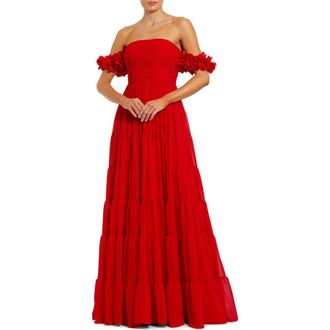 Mac Duggal Chiffon Off The Shoulder Floral Gown in Red at Nordstrom, Size 10