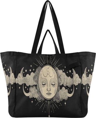 Generic Moon Cloud Star Beige print Reusable Canvas Tote Bag, Heavy Duty Grocery Shopping Bag with Double Handles Large Capacity Hard Bottom Work Groceries Tr