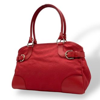Ferragamo Red Color Canvas Leather Tote Bag (Pre-Owned)