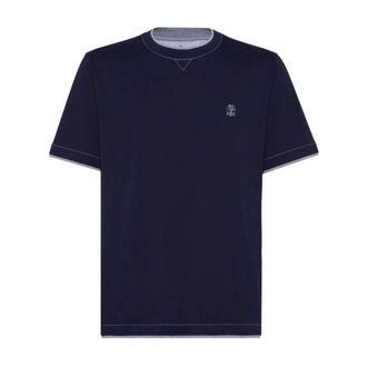 Brunello Cucinelli Brunello Cucinelli, T-Shirts, male, Blue, Size: 2XL Crewneck T-Shirt with Contrast Stitching