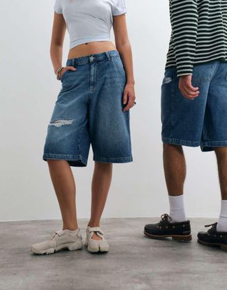 Collusion Unisex - Jorts invecchiati lavaggio medio-Blu