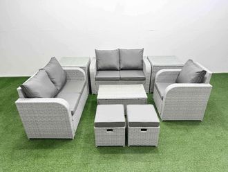 Fimous High Back Poly Rattan Garden Furniture Set w/ Reclining Chair Loveseat Sofa Rectangular Coffee Table Indoor Outdoor Patio Set 2 Stool 2 Side