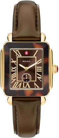 Michele Deco Sport Mid Leather Strap Watch in Tortoise at Nordstrom