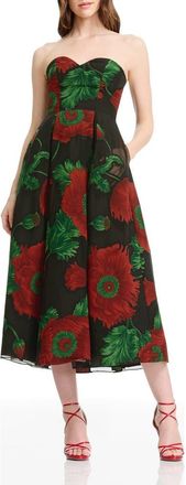 Dress The Population Maisy Strapless Fit & Flare Cocktail Midi Dress in Black Multi at Nordstrom, Size Xx-Small