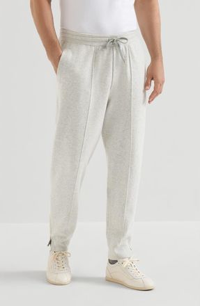 Brunello Cucinelli Cashmere double knit trousers with cr&ecirc;te detail and elasticated zipper cuffs in Light Grey at Nordstrom, Size Xxx-Large