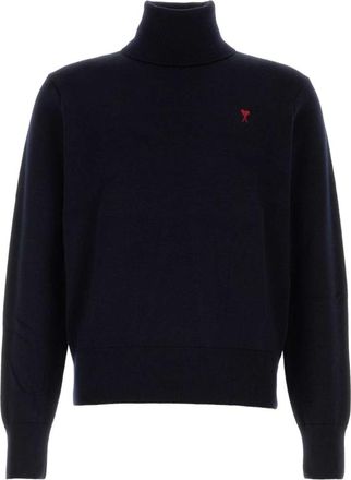 Ami Navy Blue Turtleneck Logo Sweater