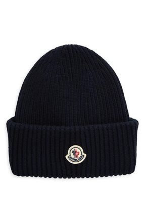 Moncler Logo Cuff Virgin Wool & Cashmere Blend Beanie in Navy Blue at Nordstrom