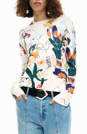 Desigual Floral Fine Gauge Crewneck Sweater in Light Beige at Nordstrom, Size X-Large