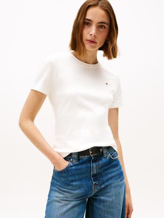 Tommy Hilfiger T-Shirt TOMMY HILFIGER SLIM CODY C-NK SS, Damen, Gr. XXL (44), beige (ecru), Jersey, Obermaterial: 100% Baumwolle, unifarben, slim fit h&uuml;ftlang, Rundh