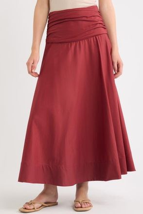 Faithfull The Brand Simone Ruched Waist Cotton Midi Skirt in Porto Red at Nordstrom, Size Xx-Large