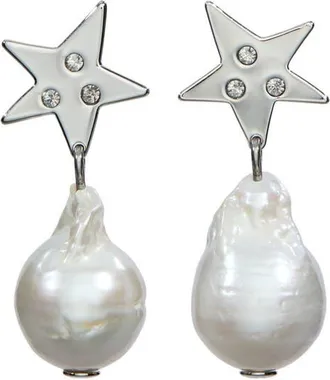 Tory Burch Star Cultured Pearl Drop Earrings in Tory Silver /Pearl /Crystal at Nordstrom