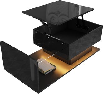 STILVORA Mesa De Centro Elevable Con Led Y Tablero De Vidrio, Negro Brillo, Estilo Moderno, En Tablero De Part&iacute;culas, 100&times;50&times;33/47,5 Cm