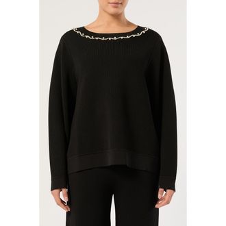 Marina Rinaldi Imitation Pearl Neck Sweater in Black at Nordstrom, Size Xx-Large