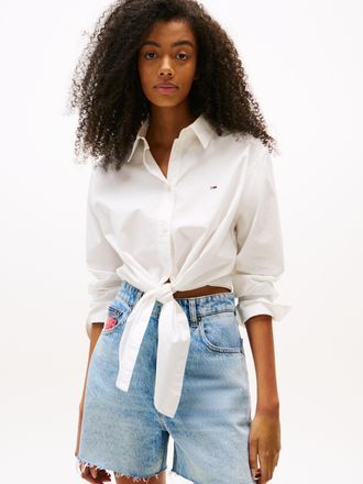 Tommy Jeans Langarmbluse TOMMY JEANS TJW LS TIE FRONT SHIRT, Damen, Gr. XL (42), beige (ecru), Web, Obermaterial: 100% Baumwolle, unifarben, taillenlang, Blusen L