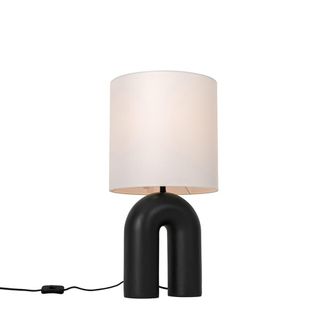 QAZQA L&aacute;mpara de mesa negra con pantalla de lino blanco