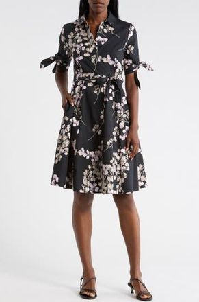 Calvin Klein Floral Short Sleeve Tie Cotton Shirtdress in Black/Cherry Blossom Multi at Nordstrom Rack, Size 14