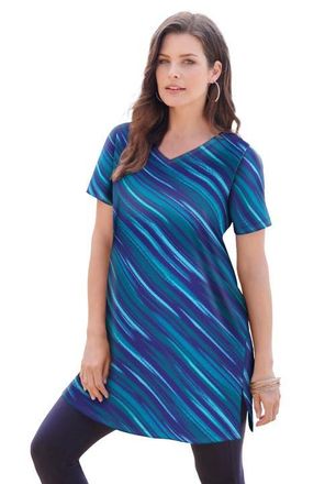 Roaman's Plus Size Ultimate Cotton V-Neck Short Sleeve Tunic in Navy Bias Texture at Nordstrom, Size Medium