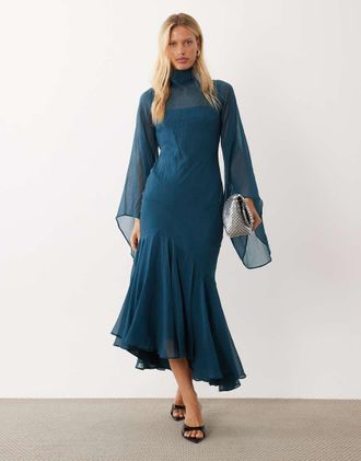Asos vestito maxi con maniche a campana e orlo asimmetrico con volant in verde petrolio-Blu
