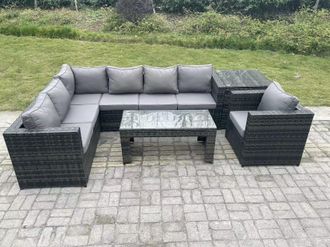 Fimous 7 Seater Rattan Corner Sofa Lounge Sofa Set With Rectangular Coffee Table With Arm Chair Left Hand in Dark Grey