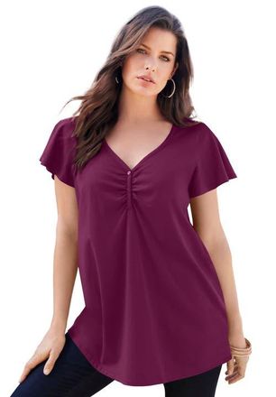 Roaman's Plus Size Cotton Ultimate Flutter Sleeve Sweetheart Tee in Dark Berry at Nordstrom, Size 28