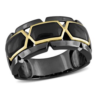 Amour 2 3/8 CT TW Black Onyx Station Mens Ring In 2-Tone Sterling Silver with Yellow Gold Plating