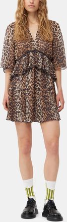 Ganni Leopard Pleated Georgette V-neck Flounce Mini Dress - Size 32 Brown
