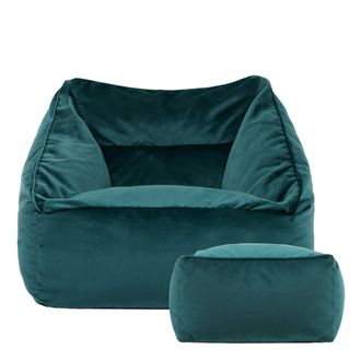 Icon Brand Natalia Velvet Adults Bean Bag Armchair & Pouffe, Large Beanbag & Footstool Olive Green in Teal