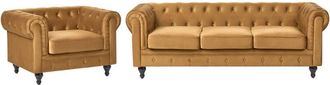 Beliani Conjunto De Sal&oacute;n Chesterfield Tapizado En Tela De Terciopelo Amarillo Sof&aacute; 3 Plazas + Sill&oacute;n Patas De Madera Oscura Estilo Contempor&aacute;neo Chesterfield