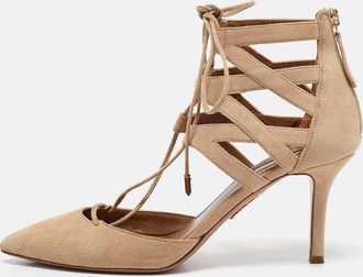 Aquazzura Beige Suede Belgravia Lace Up Pointed Toe Pumps 37.5