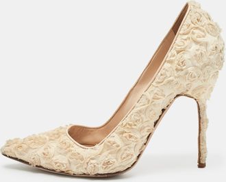 Manolo Blahnik Cream Fabric Floral Pumps