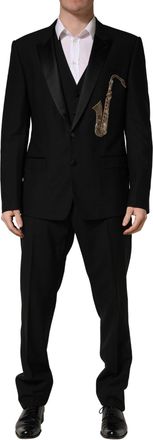Dolce & Gabbana Mens Black Wool Silk Saxophone Slim Fit 3pc Suit Virgin Polyester