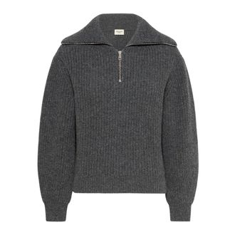 Max Mara Trui met col van pure wol met halve metalen ritssluiting- volledig gebreid in popcornsteek - Dames - V-hals truien - Grijs - S - Wol - Truien & Vesten