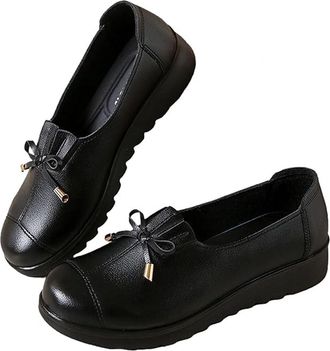 Generic Womens Comfort Slip-On Loafers, Loafers for Women Slip On Comfort Bow Dress Shoes, Leather Soft Sole Moccasins Round Toe Flats Driving Shoes (Black,40