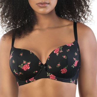 Affinitas Casey Plunge Molded T-Shirt Bra in Black W/Rose Print at Nordstrom, Size 36J
